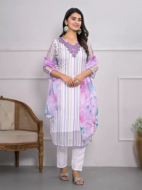 Floral Embroidery Work On Neck Viscose Silk Kurta Set With Attractive Printed Dupatta