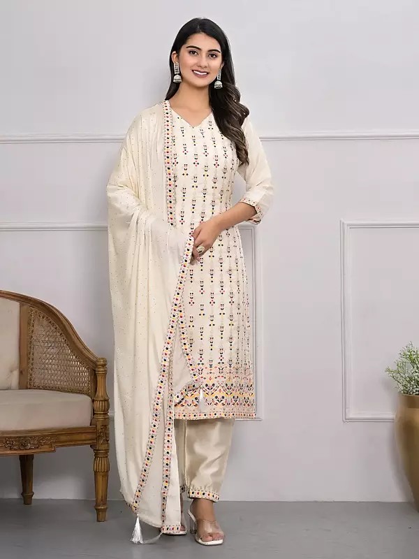 Traditional Jacquard Silk V-Neck Embroidery Work Festive Wear Salwar Suit With Matching Dupatta