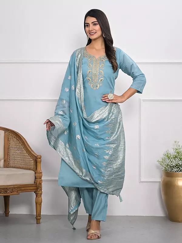 Floral Sequins Work Elegant Viscose Silk Straight Kurta Set With Matching Tassels Dupatta