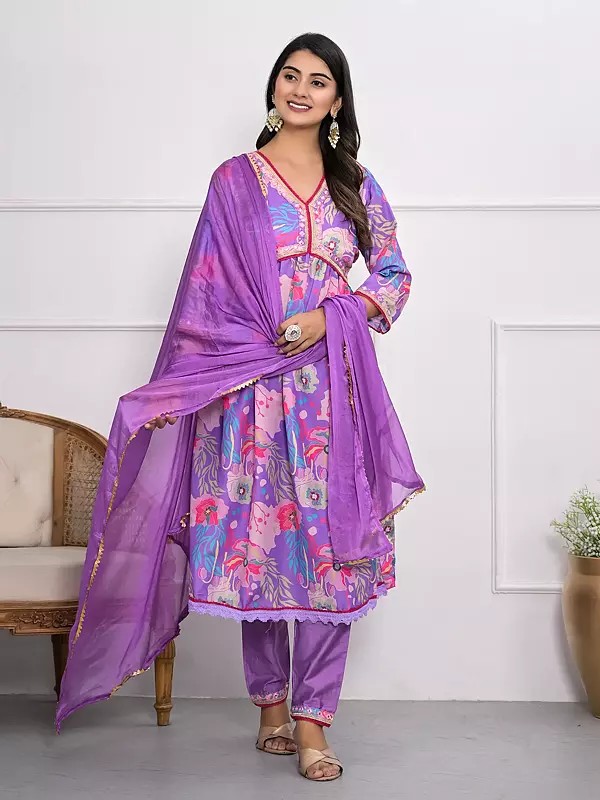 Floral Print Anarkali Style Muslin Silk Party Wear Kurta Set With Dupatta