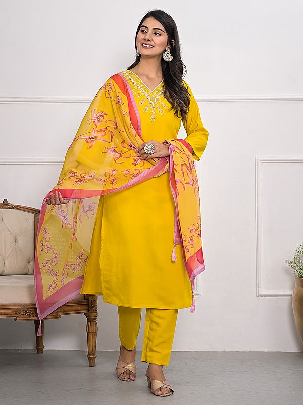 Viscose Silk Straight Embroidery Work V-Neck Elegant Kurta Set With Floral Print Dupatta