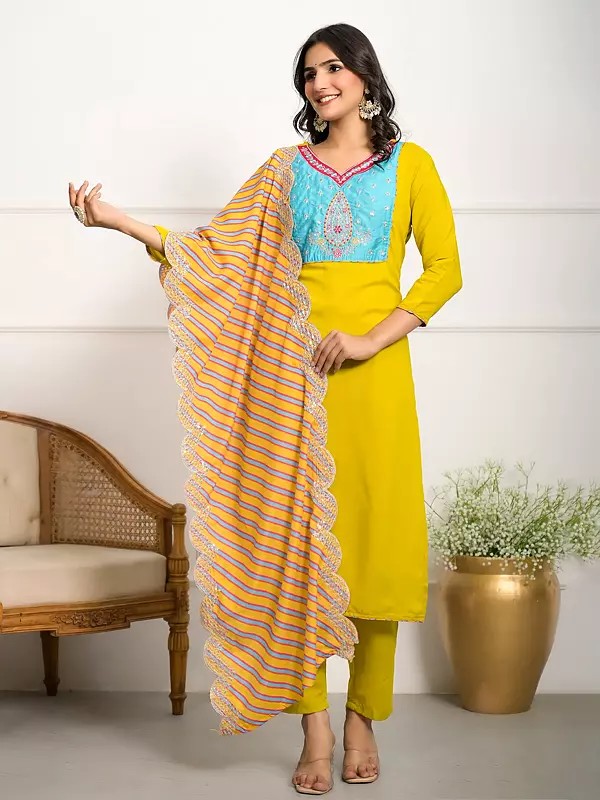 Embroidery Work Viscose Stunning Party Wear Kurta Set With Striped Printed Dupatta