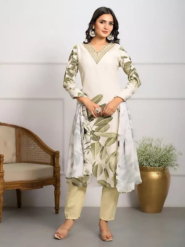 Floral Printed Cotton Lining V-Neck Party Wear Kurta Set With Matching Dupatta