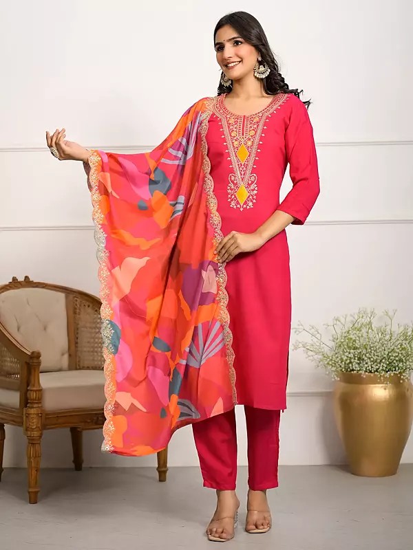 Silk Viscose Embroidery And Sequins Work Party Wear Kurta Set With Abstract Printed Dupatta