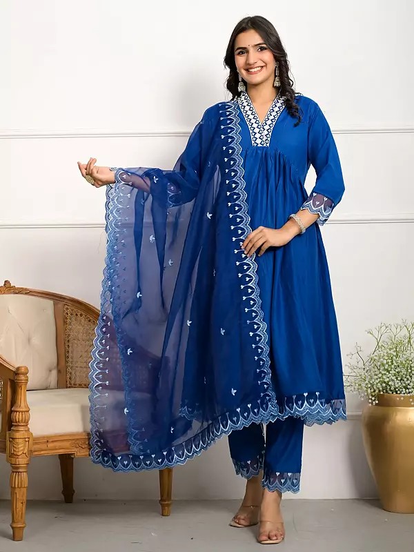 Silk Embroidery Work A-Line Party Wear Anarkali Kurta Set With Matching Dupatta