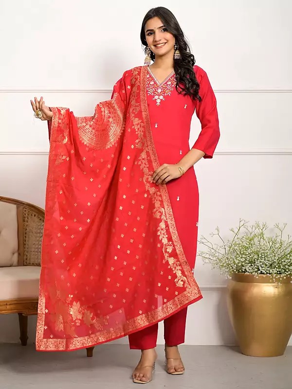 Viscose Chanderi Embroidery Work V-Neck Festive Wear Kurta Set With Matching Dupatta