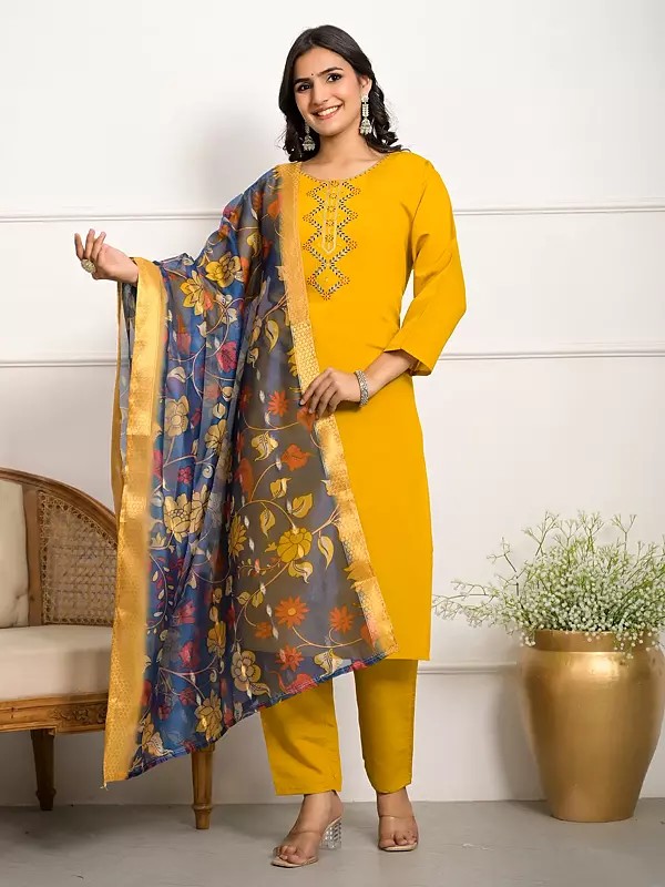 Elegant Embroidery Work V-Neck Festive Wear Viscose Chanderi Kurta Set With Floral Printed Dupatta