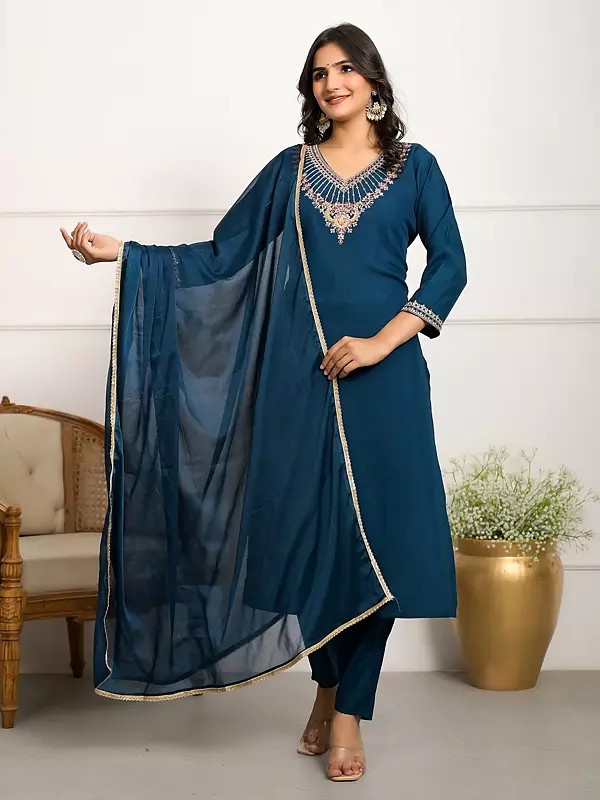 Viscose Chanderi Embroidery And Sequins Work Elegant Kurta Set With Matching Dupatta