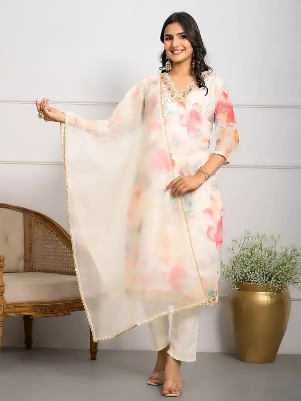 Viscose Rayon All Over Floral Print Attractive Festive Wear Kurta Set With Dupatta