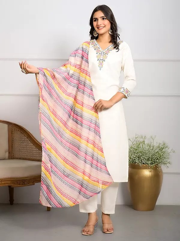 Floral Embroidery Work V-Neck Fancy Party Wear Viscose Blend Kurta Set With Striped Pattern Dupatta