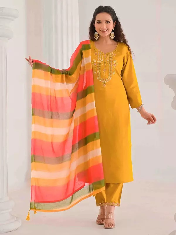 Women’s Embroidery Work Ethnic Festive Wear A-Line Viscose Chanderi Kurta Set With Multicolor Dupatta