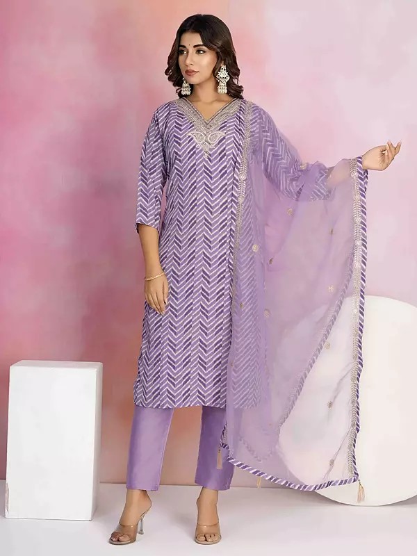 Zig-Zag Pattern Printed Attractive Straight Party Wear Viscose Chanderi Kurta Set With Organza Dupatta