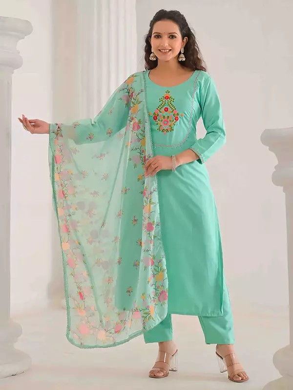 Rayon Slub Floral Embroidery Work A-Line Festive Wear Kurta Set With Silk Dupatta