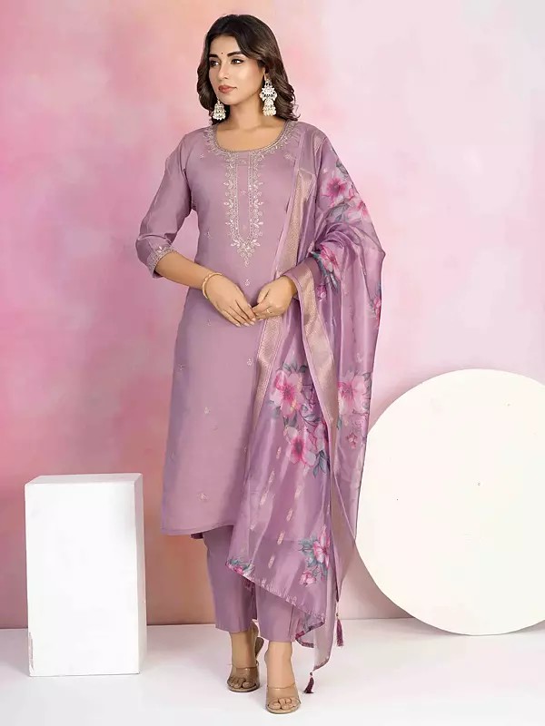 Viscose Chanderi Embroidery Work Fancy Party Wear Kurta Set With Floral Print Dupatta