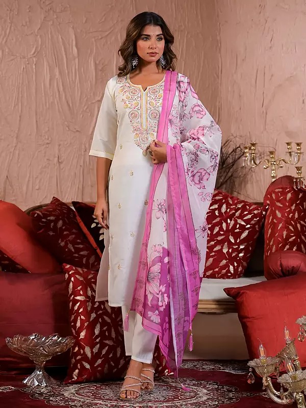Floral Embroidery Work Straight Festive Wear Viscose Chanderi Kurta Set With Dupatta
