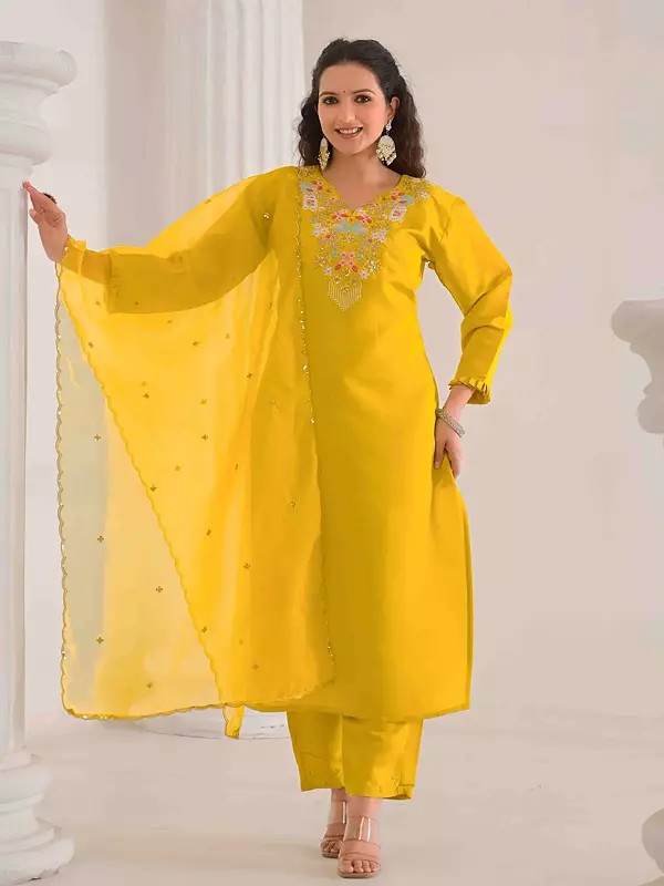 Sequins And Embroidery Work Fancy V-Neck Chanderi Kurta Set With Matching Dupatta