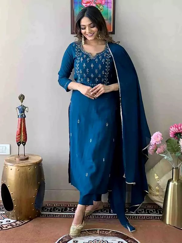 Rayon Slub Embroidered Ethnic Motifs Fancy Party Wear Kurta Set With Chinon Dupatta