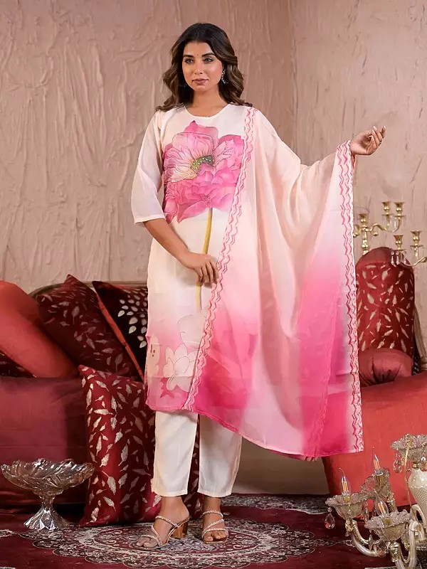Big Floral Motifs Printed Attractive Straight Party Wear Silk Kurta Set With Matching Dupatta