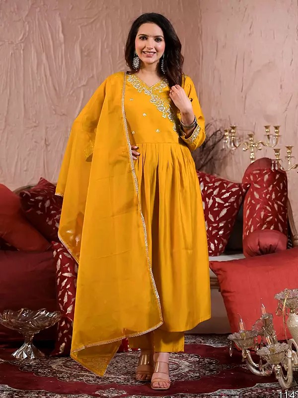 Traditional Embroidery And Sequins Work Flared Viscose Chanderi Angrakha Kurta Set With Matching Dupatta