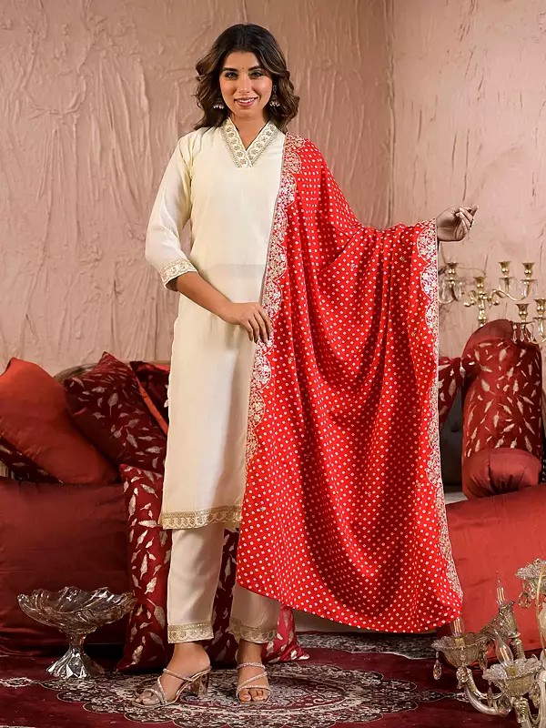 Elegant V-Neck Attractive Sequins Work Festive Wear Straight Rayon Slub Kurta Set With Bandhani Print Dupatta