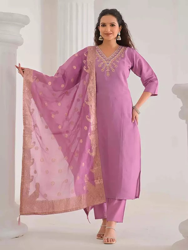 Women's Thread Embroidery A-Line Viscose Chanderi Kurta Set With Matching Dupatta