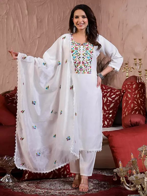 White Floral Embroidered Elegant Festive Wear Chanderi Silk Kurta Set With Matching Dupatta