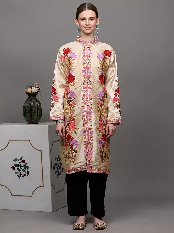 Frosted-Almond Kashmiri Long Jacket with Aari Embroidered Flowers in Multicolor Thread