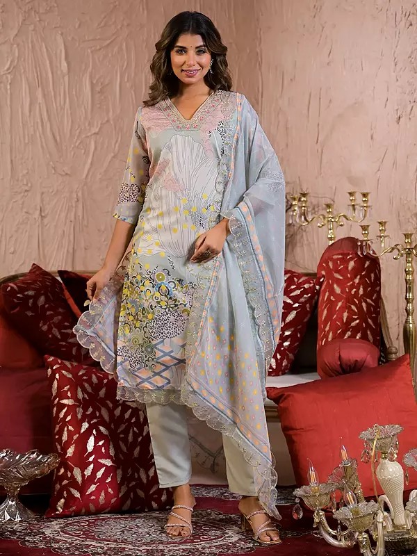 Organza Floral Print V-Neck Fancy Kurta Set With Embroidery Work Dupatta