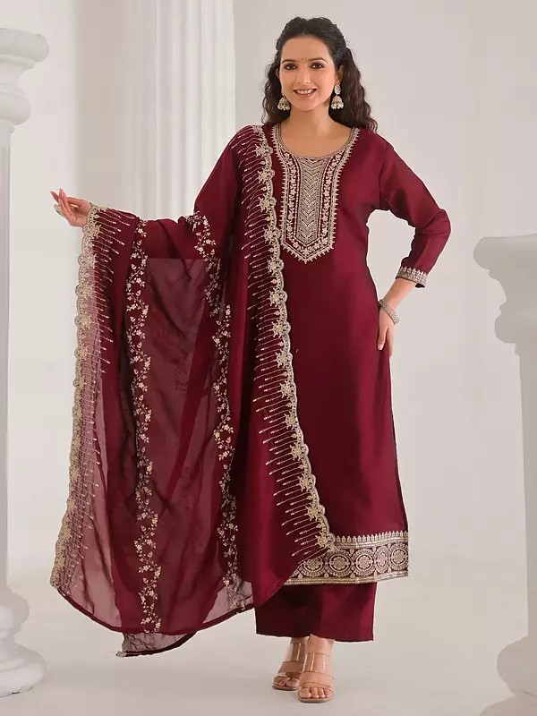Sequins Work Attractive Vichitra Silk Kurta Set With Chinon Matching Dupatta