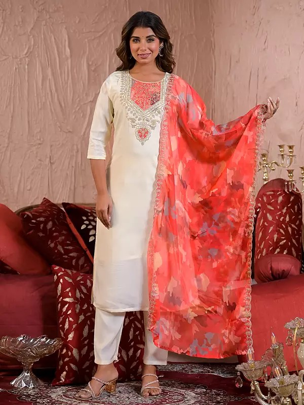 Chanderi Silk Embroidery Work Fancy Festive Wear Kurta Set With Printed Dupatta