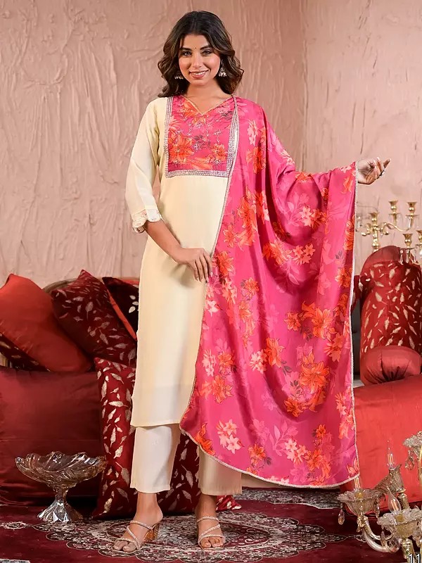 Chanderi Festive Wear Embroidery Work Elegant Kurta Set With Floral Print Dupatta