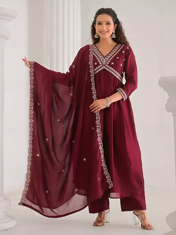 Vichitra Silk Traditional Anarkali Kurta Set With Sequins Work Matching Dupatta