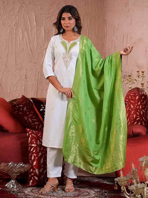 Viscose Blend Embroidery And Sequins Work Paisleys Motifs Straight Kurta Set With Dupatta