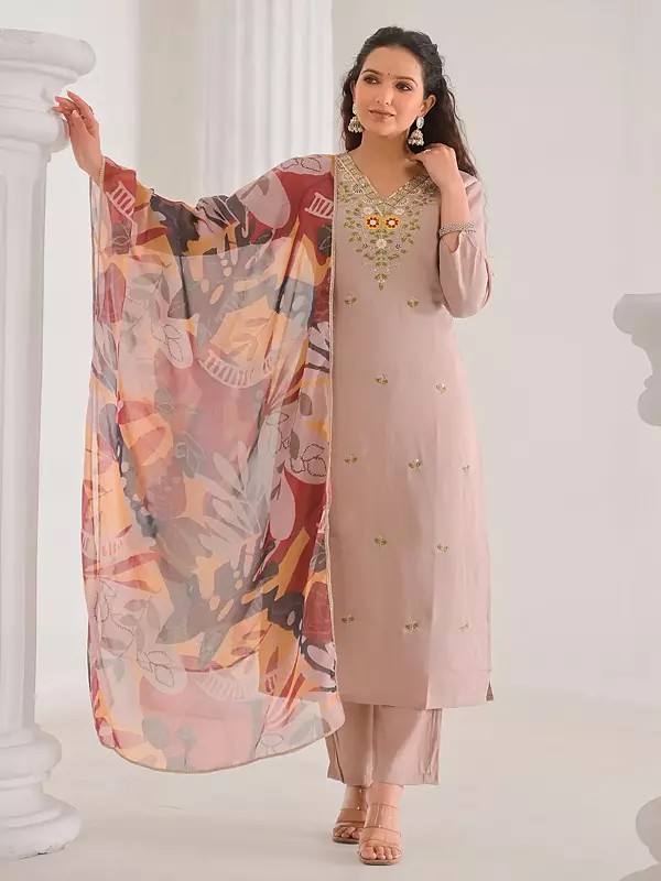 Attractive Straight V-Neck Festive Wear Chanderi With Cotton Lining Kurta Set