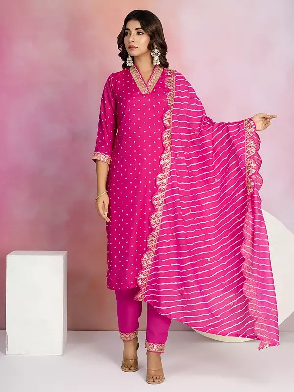 Viscose Chanderi Small Butti Motifs Straight V-Neck Kurta Set With Striped Dupatta