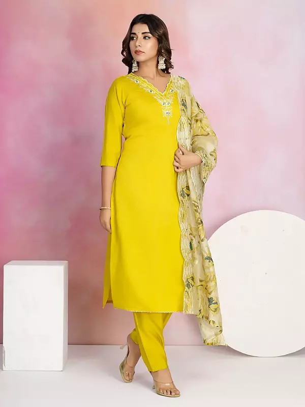 Stunning Viscose Chanderi Embroidery Work Kurta Set With Floral Print Dupatta