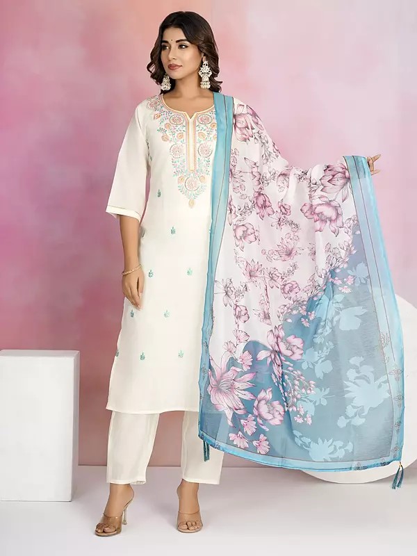 Floral Embroidery Work Viscose Chanderi Attractive Kurta Set With Silk Printed Tassels Dupatta