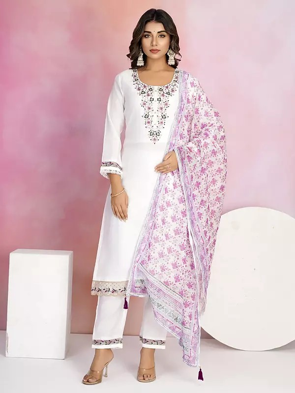 Viscose Chanderi Embroidery Work Fancy Festive Wear Kurta Set With Tassels Dupatta