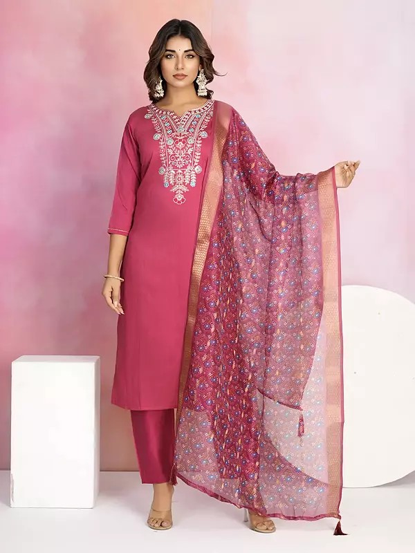 Chanderi Embroidery Work Elegant Party Wear Straight Kurta Set With Tassels Dupatta