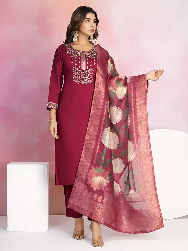 Designer Viscose Chanderi Embroidery Work Festive Wear Kurta Set With Floral Print Dupatta