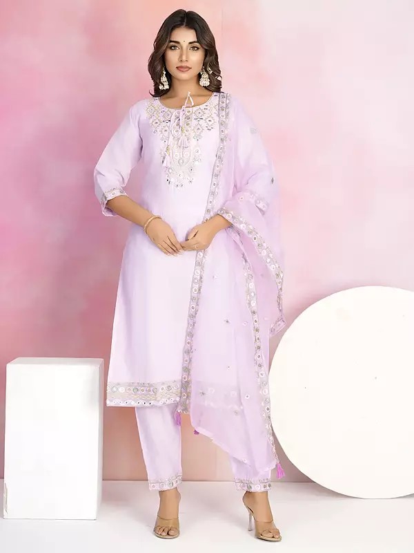 Elegant Embroidery And Sequins Work Festive Wear Chanderi Kurta Set With Organza Dupatta