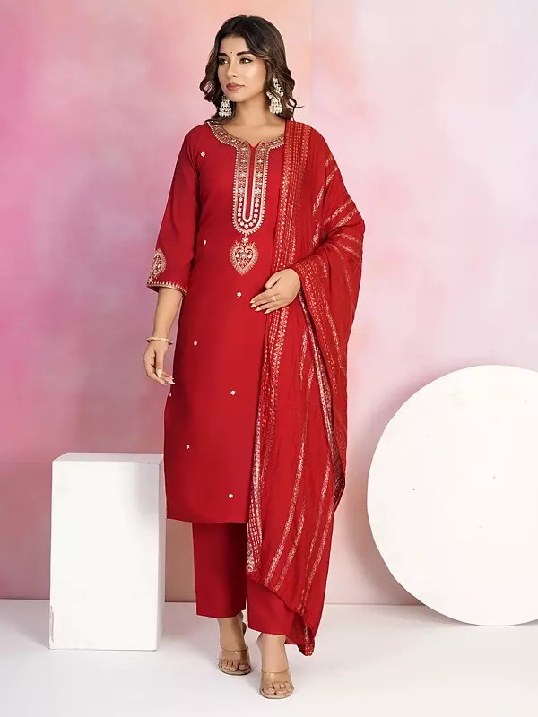 Viscose Chanderi Elegant Embroidery Work Festive Wear Kurta Set With Matching Dupatta