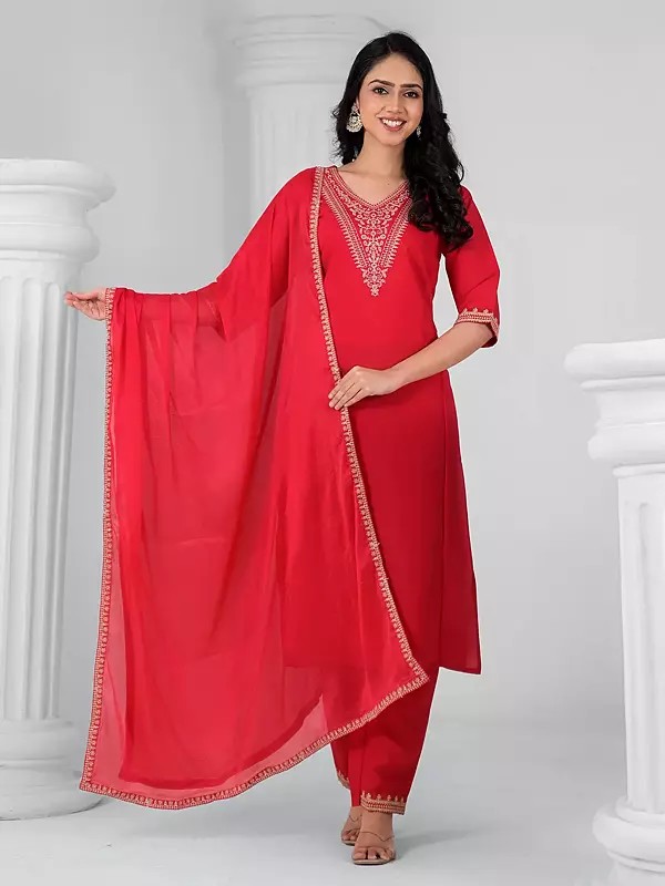 Attractive A-Line Sequins Work V-Neck Festive Wear Viscose Chanderi Kurta Set With Matching Dupatta
