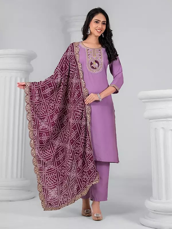 Rayon Sequins And Embroidery Work Attractive Festive Wear Kurta Set With Bandhani Print Dupatta