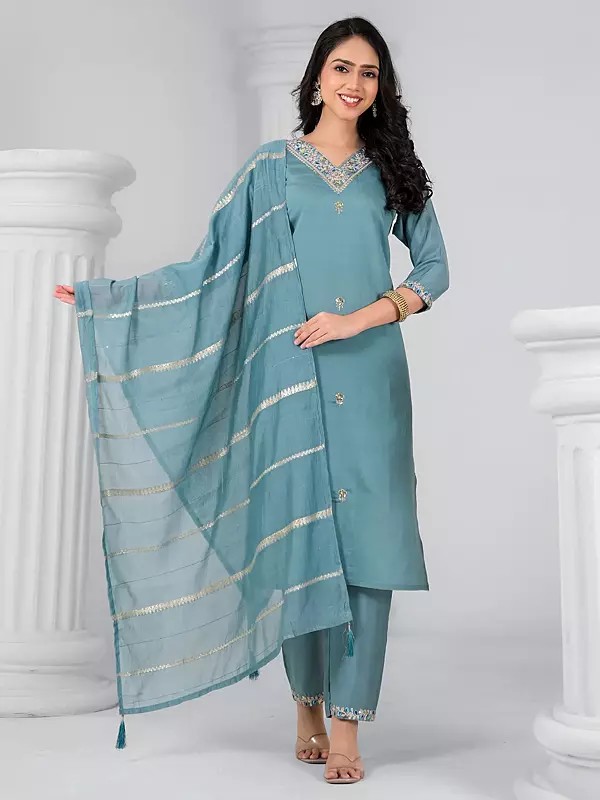 Chanderi Sequins Work Floral Motifs Attractive Party Wear Kurta Set With Striped Pattern Dupatta