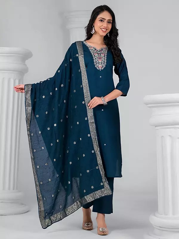Women’s Elegant Navy Blue Embroidered Salwar Kameez With Matching Dupatta And Pants
