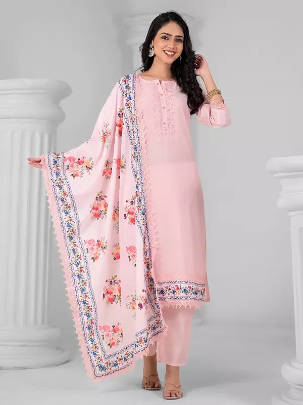 Designer Viscose Chanderi Stunning Embroidery Work Kurta Set With Floral Print Dupatta