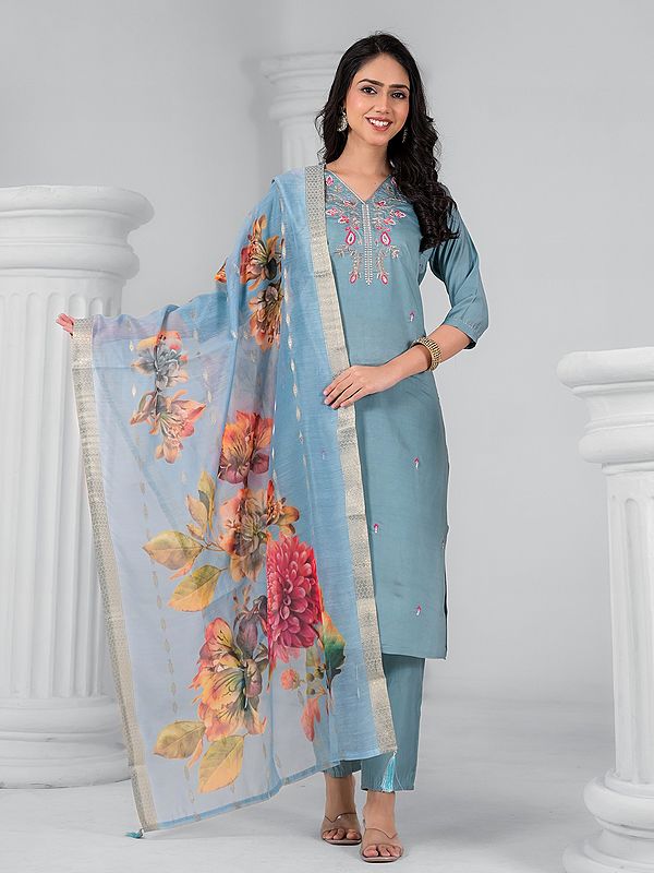 Viscose Chanderi Stylish Embroidery Work V-Neck Kurta Set With Jacquard Floral Print Dupatta