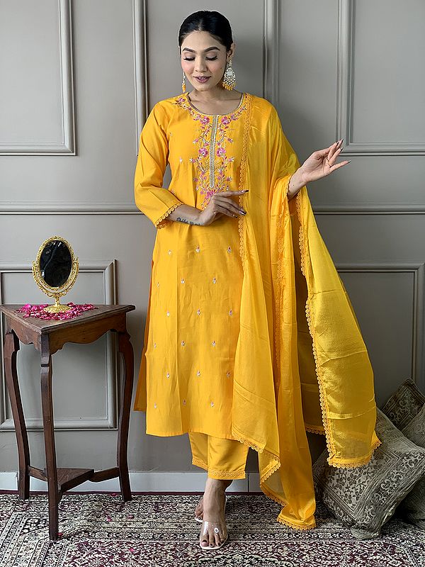Lightning-Yellow Viscose Chanderi Floral Embroidery Work Kurta Set With Matching Dupatta