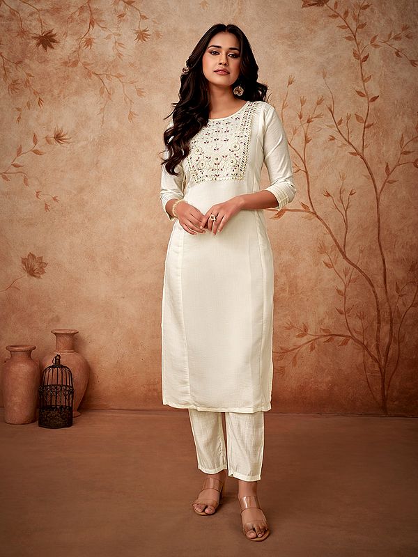 Buttery-White Viscose Chanderi Embroidered Work Attractive Kurta Set With Matching Dupatta